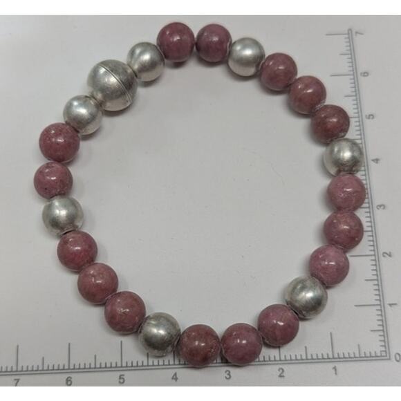 Milor Italy 925 Sterling Silver & Pink Rhodonite Bead Stretch Bracelet - Picture 5 of 5